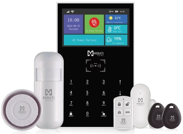 KIT DE ALARMA INTEGRAL SMARTHOME MIRATI WIFI 4G PANEL TACTIL PANTALLA A COLOR TAMPER SWITCH INCLUYE SIRENA, SENSOR DE MOVIMIENTO, SENSOR DE PUERTA-VENTANA, 1 CONTROL, 2 TAG RFID