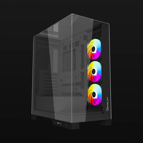 GABINETE OCELOT GAMING GLASS HUNTER 3 / MINI TOWER /ATX, M-ATX, ITX LISTO PARA MB BTF / PANEL LATERAL, FRONTAL Y SUPERIOR DE CRISTAL TEMPLADO/ INCLUYE 3 VENTILADORES / ENFRIAMIENTO LIQUIDO HASTA 3600MM / GPU HASTA 400MM / COLOR NEGRO