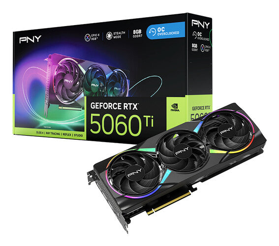 TARJETA DE VIDEO PNY GEOFORCE RTX 5060 TI TRIPLE FAN ARGB OC / 8GB GDDR7/ PCIE 5.0 / GAMA MEDIA / GAMER