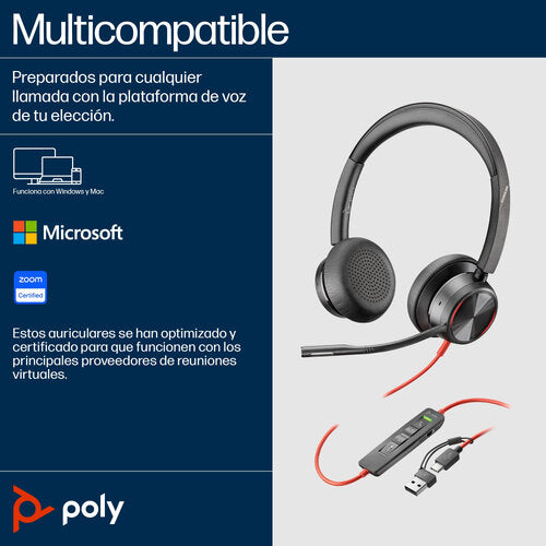 DIADEMA HP POLY 8X223AA BW 8225/ ALAMBRICA BINAURAL CONEXION USB-C USB-A CANCELACION ACTIVA DE RUIDO CONTROL PARA LLAMADAS COLOR NEGRO NARANJA