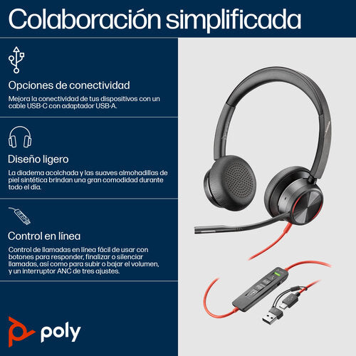 DIADEMA HP POLY 8X223AA BW 8225/ ALAMBRICA BINAURAL CONEXION USB-C USB-A CANCELACION ACTIVA DE RUIDO CONTROL PARA LLAMADAS COLOR NEGRO NARANJA