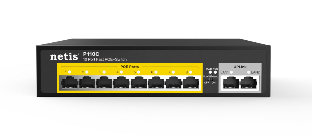 Netis Switch POE P110C - 8 Puertos POE y 2 Puertos Uplink, 120W, 100 Mbps, Watch Dog, Plug   Play, 250 Mts de alcance en transmisión, No Administrable