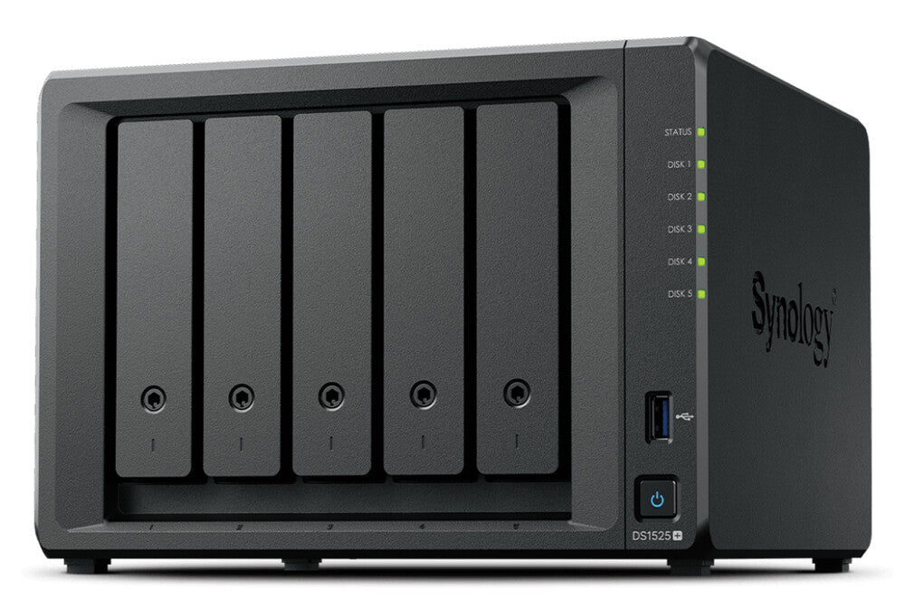NAS SYNOLOGY DS1525+ / 5 BAHIAS/NUCLEO CUADRUPLE 2.2GHZ/8 GB DDR4/ 2.5GBE LAN X2/USB 3.2 X2/ HASTA 100 TB HOT-SWAP/ AMD RYZEN V1500B/NO INCLUYE DISCOS