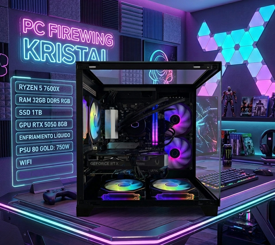 PC HY GAMING KRISTAL RYZEN 5 7600X RAM 32GB DDR5 RGB SSD 1TB GPU RTX 5050 8GB ENFRIAMIENTO LIQUIDO PSU 80 GOLD WIFI W11 PRUEBA