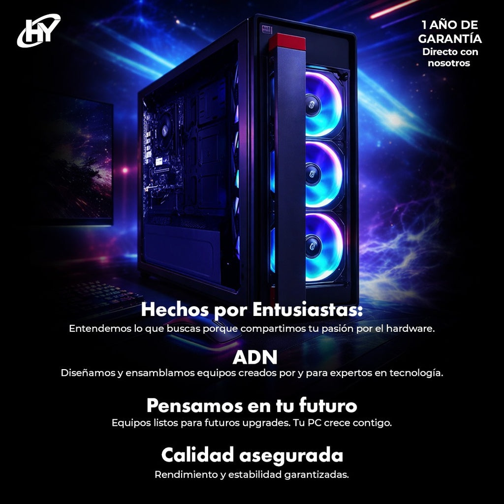 PC HY GAMING KRISTAL RYZEN 5 7600X RAM 32GB DDR5 RGB SSD 1TB GPU RTX 5050 8GB ENFRIAMIENTO LIQUIDO PSU 80 GOLD WIFI W11 PRUEBA