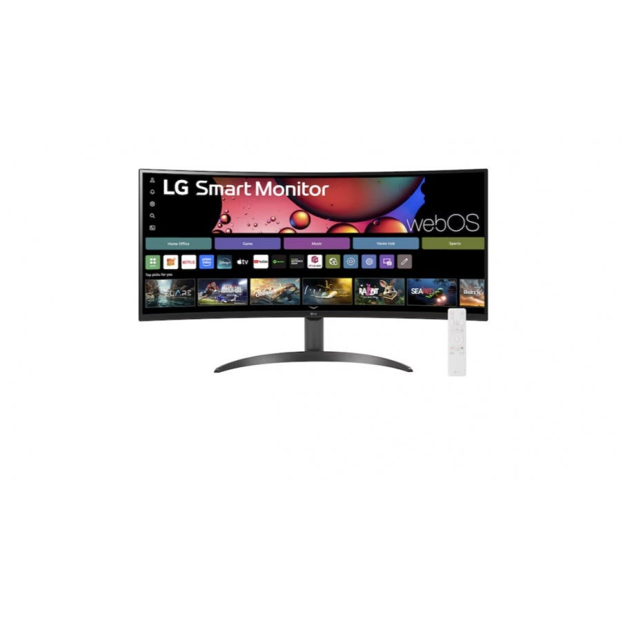 MONITOR LG SMART 34SR60QC-B CURVO WQHD WEBOS 34 PULG,PANEL VA,100HZ,3440X1440,21:9,SRGB 99%,1800R,300CD/M2,TR5MS,3000:1,HDR10,USB,HDMI,RJ-45,BLUETOOTH,ALTAVOZ 7WX2,AIRPLAY2,SCREEN SHARE,VESA100X100