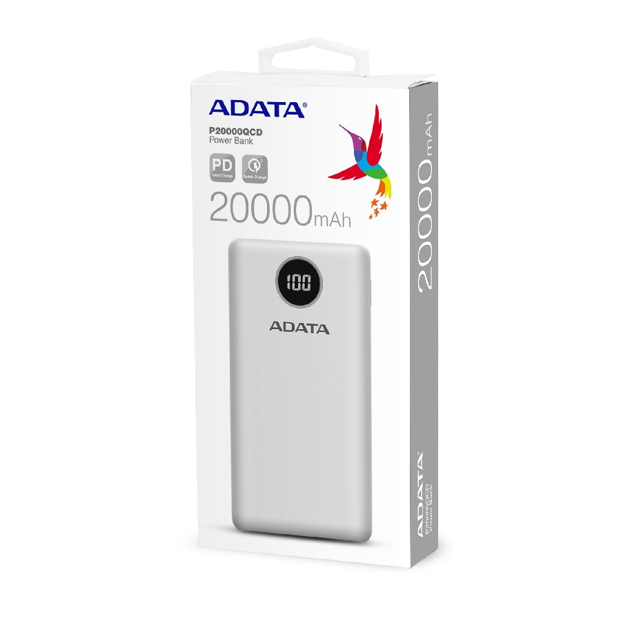 BATERIA DE RESPALDO POWER BANK ADATA P20000QCD 20000MAH/2 USB A/ 1 USB C/INDICADOR DE CARGA DIGITAL/BLANCO
