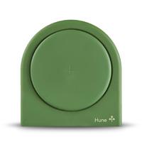a green frisbee sitting on top of a green surface 