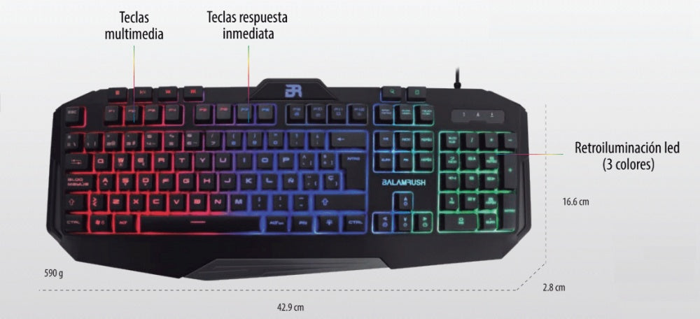 TECLADO GAMER BALAM RUSH GUNFIRE KG330 / ALAMBRICO USB / ILUMINACION LED / MULTIMEDIA / ESPAÑOL / 117 TECLAS / NEGRO / BR-929639